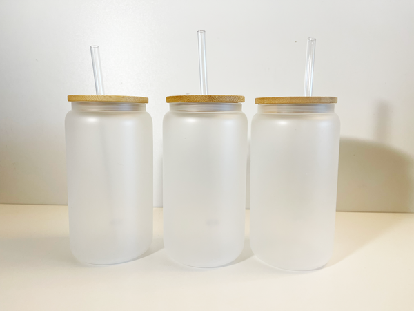 SET Blank Sublimation Frosted Glass Can Cup 16 oz with plastic straw and bamboo lid - Wholesale