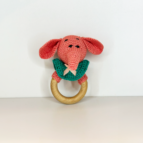 Handmade Coral Elephant Crochet Rattle